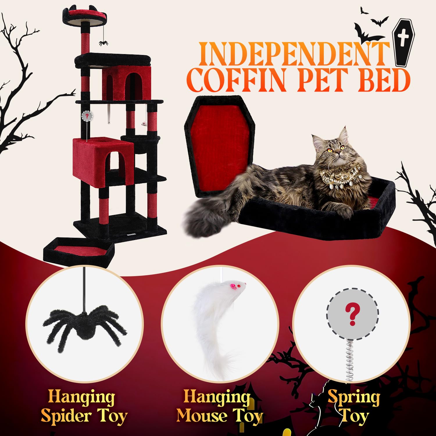 Globlazer S72 Heavy Duty Gothic Cat Tree, 72In Large Cat Tower With Coffin Bed, Sturdy Maine Coon Cat Tree For Large Cats 20 Lbs